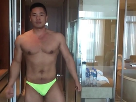 Tony, the Asian male model, showing off his body and wanking.