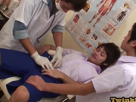 Young Asian boy gets a three woman bang in a medical office in uniform