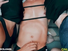 Two adorable Asian boys seductively lick the nipples of a fortunate man.