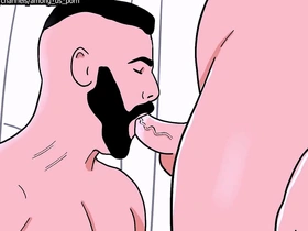 A straight man with a beard has oral sex with a male bottom and then the bottom performs a blow job on him in this animated gay porn.