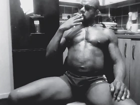 Sizzling ebony muscle god in homemade fetish show